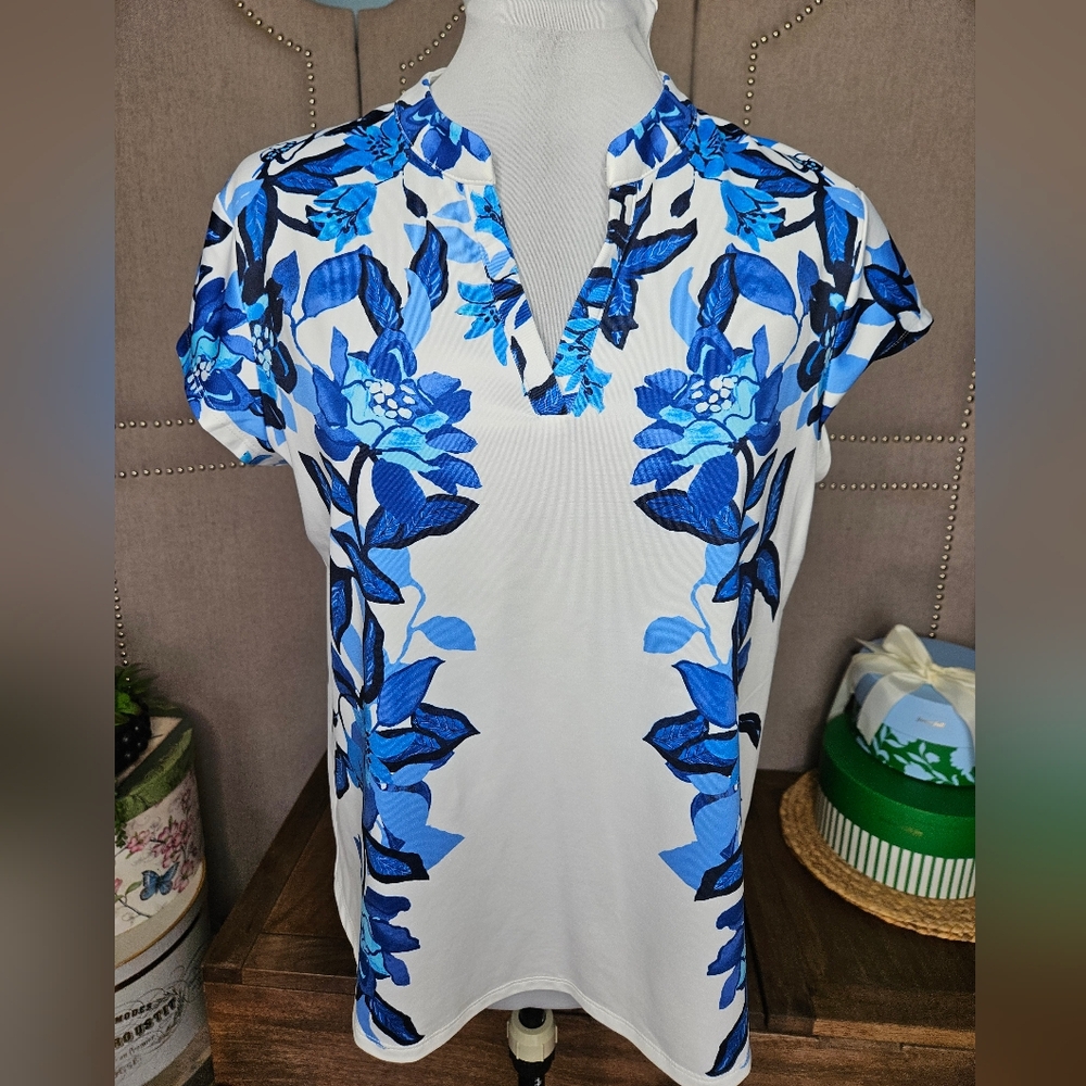 Chicos Floral Golf Shirt Blue/White